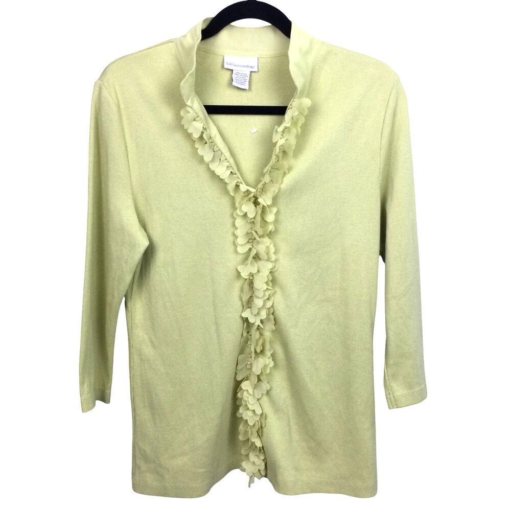 Soft Surroundings Yellow Ruffle Feminine Dainty Soft Collarless Ribbed Top L